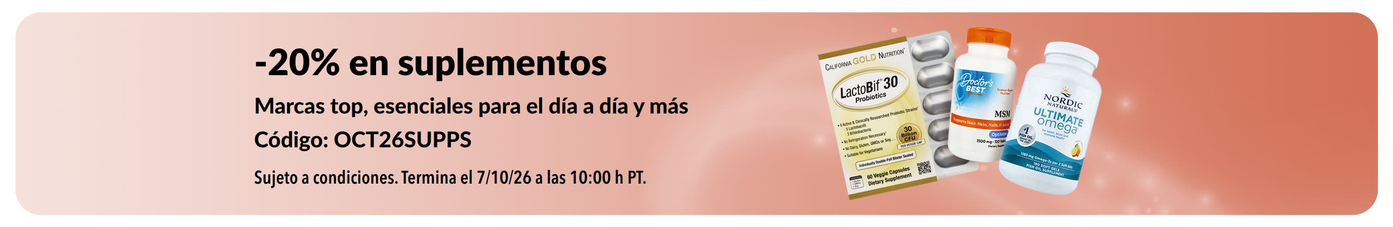Banner promocional de 20% dto. en suplementos