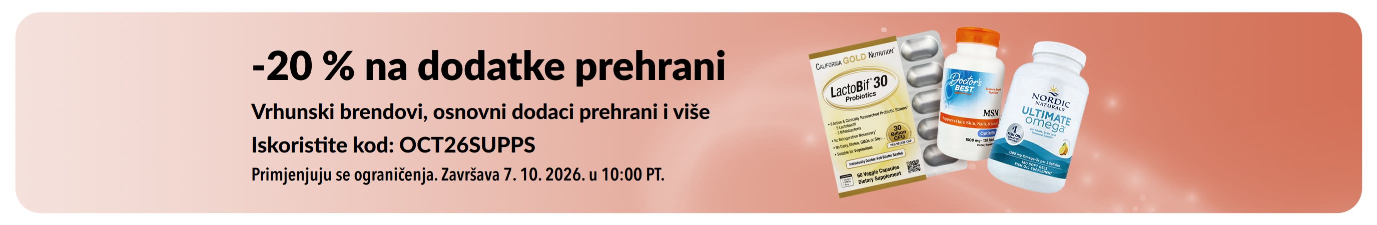 Reklamni natpis koji promovira 20 % popusta na dodatke prehrani