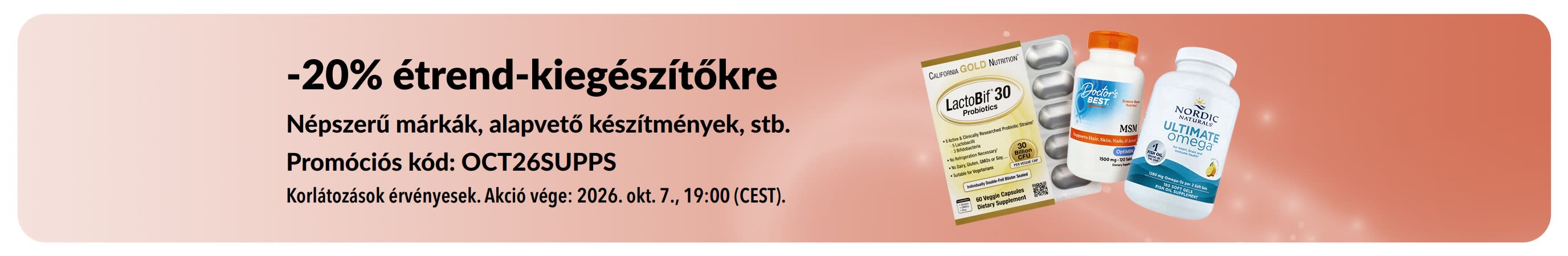 Étrend-kiegészítőkre 20% kedvezményt kínáló banner