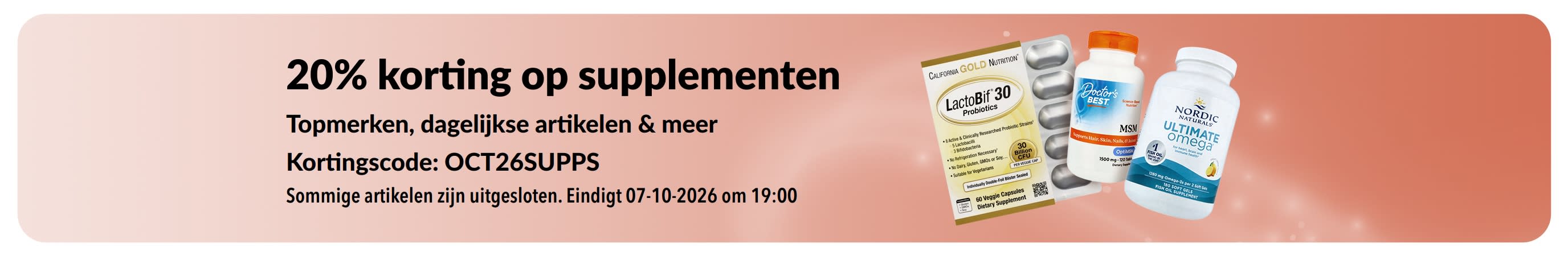 Banner die 20% korting op supplementen promoot