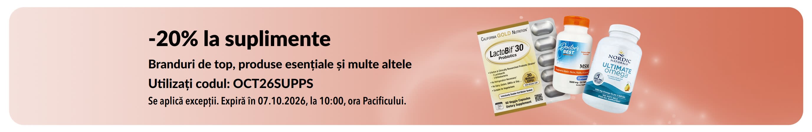 Banner cu 20% reducere la suplimente.