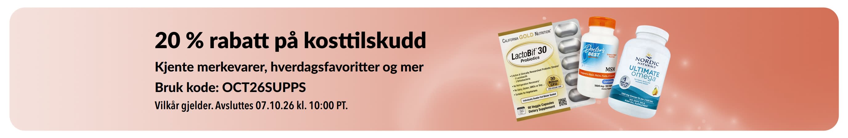 Banner som fremmer 20 % rabatt på kosttilskudd
