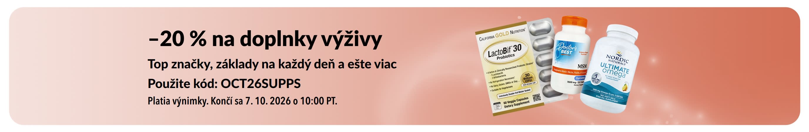 Baner propagujúci 20 % zľavu na výživové doplnky