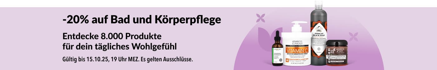 iHerb-Banner mit 20% Rabatt auf Bad- und Körperpflegeprodukte.
