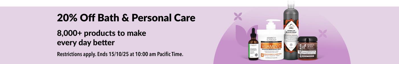 iHerb banner offering 20% off bath and personal care products.