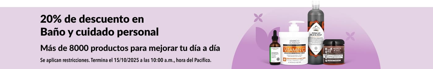 Banner de iHerb que ofrece 20% de descuento en productos de baño y cuidado personal.