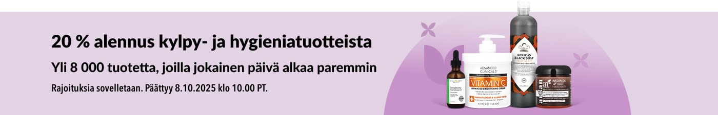 iHerb-banneri, jossa tarjotaan 20 % alennusta kylpy- ja hygieniatuotteista.