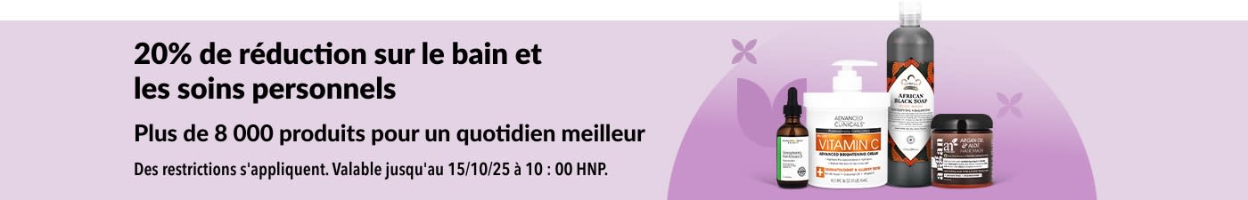 Bannière iHerb offrant 20 % de réduction sur les produits pour le bain et les soins personnels.