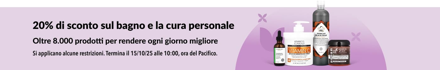 Banner iHerb che offre uno sconto del 20% sui prodotti per il bagno e la cura personale.