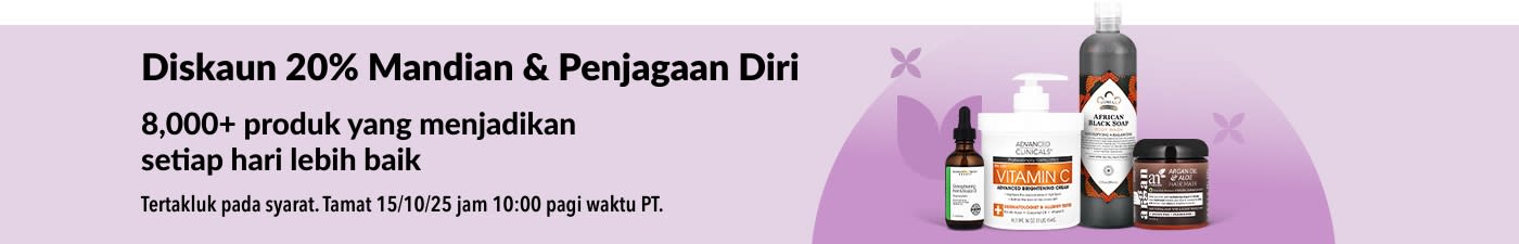 Sepanduk iHerb menawarkan diskaun 20% untuk produk mandian dan penjagaan diri.
