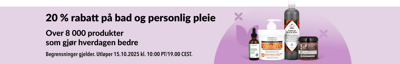 iHerb-banner som tilbyr 20 % rabatt på alt innen bad og personlig pleie.