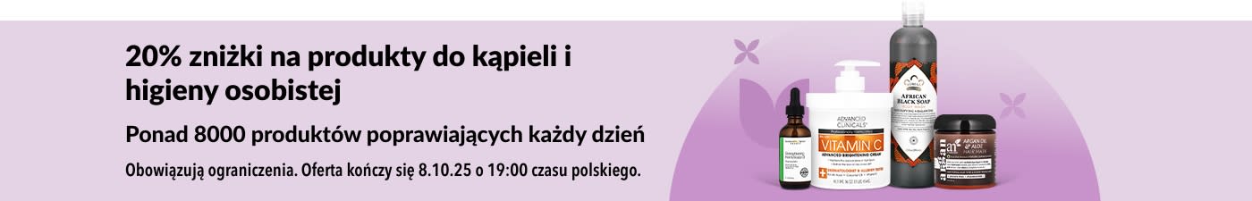 Baner iHerb oferujący 20% zniżki na produkty do kąpieli i higieny osobistej.