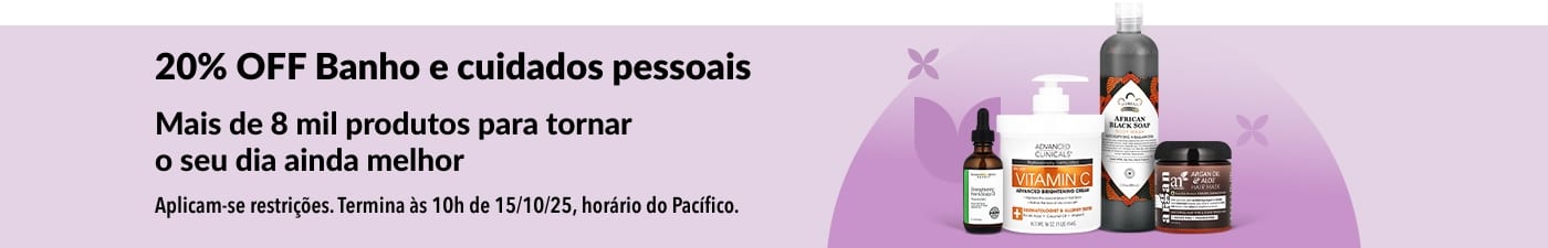 Banner da iHerb com 20% OFF em produtos para banho e cuidados pessoais.