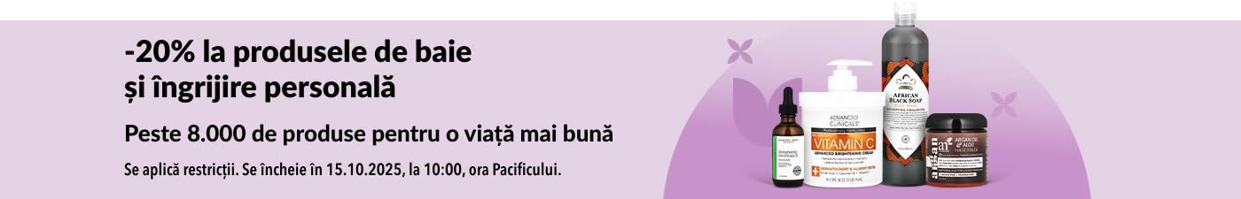 Banner iHerb cu 20% reducere la produse de baie și îngrijire personală.