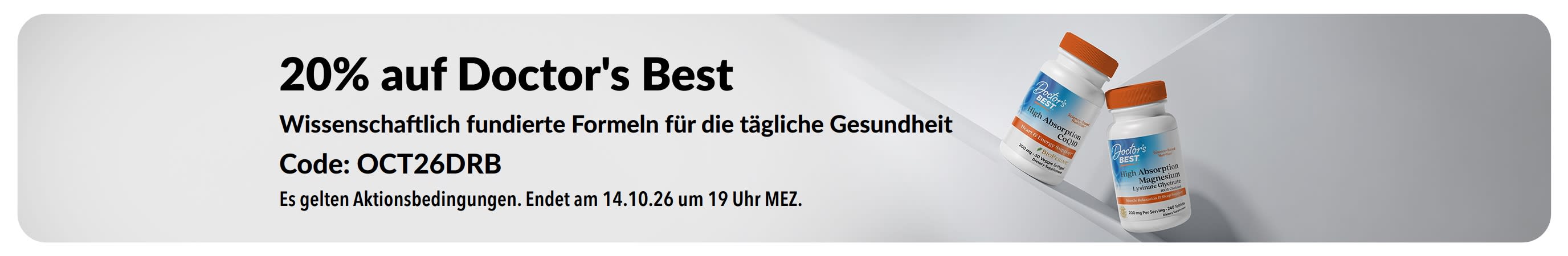 Hol dir 20% auf Doctor's Best Produkte mit dem Code OCT26DRB, u.a. für CoQ10 und Magnesium