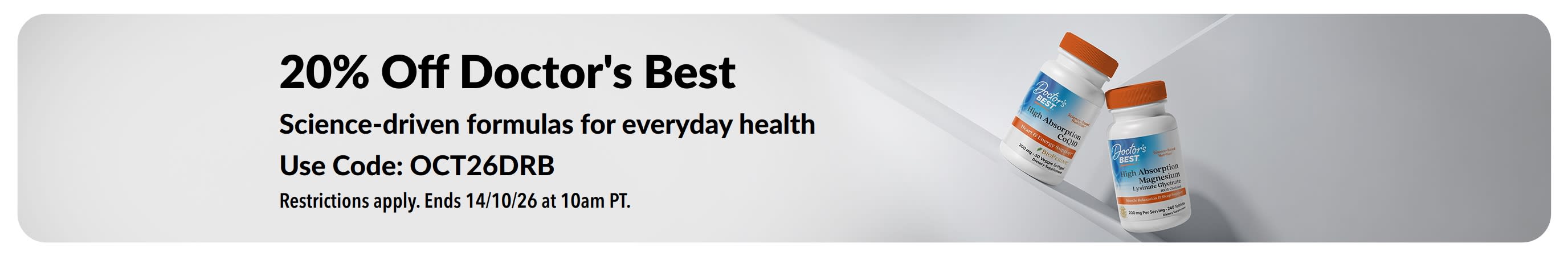 Get 20% off Doctor's Best products with promo code OCT26DRB, featuring CoQ10 and Magnesium