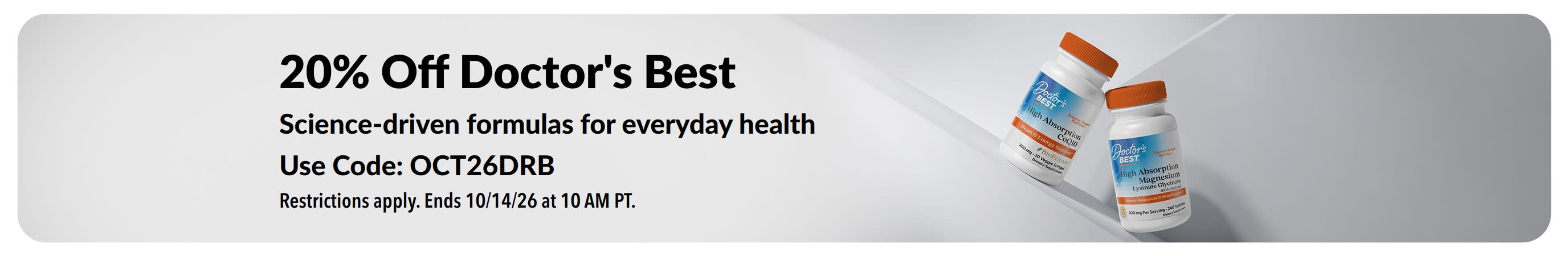 Get 20% off Doctor's Best products with promo code OCT26DRB, featuring CoQ10 and Magnesium