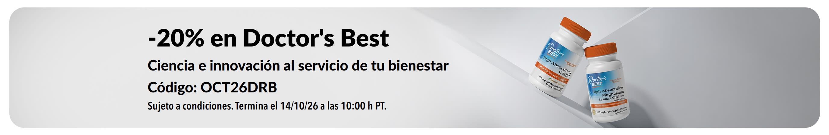 Consigue un 20% de descuento en productos Doctor's Best con el código promocional OCT26DRB, incluidos CoQ10 y magnesio