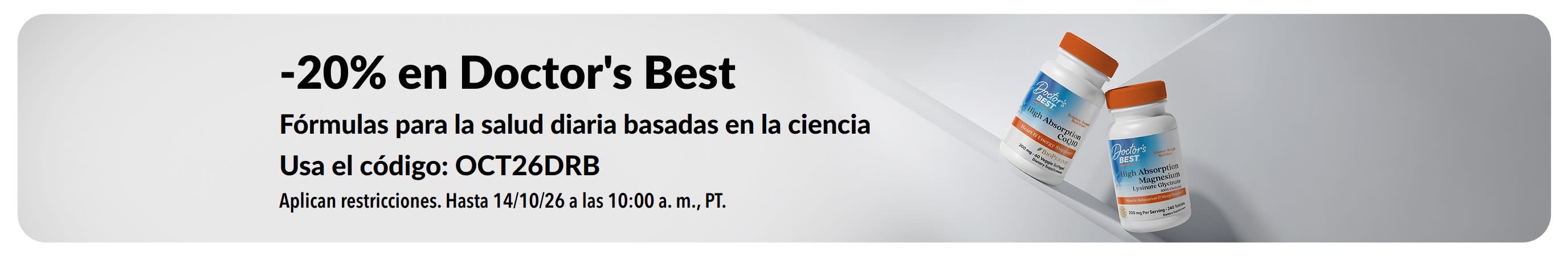 Ahorra 20% en productos de Doctor's Best con el código OCT26DRB, incluyendo CoQ10 y magnesio