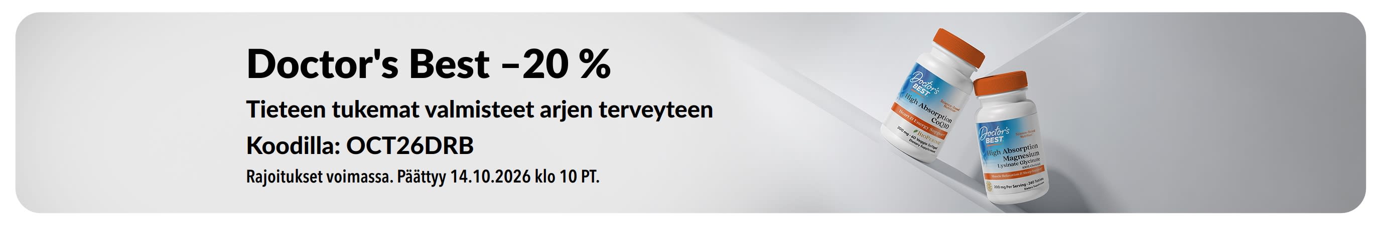Säästä 20 % Doctor's Best -tuotteista koodilla OCT26DRB, esillä CoQ10 ja magnesium
