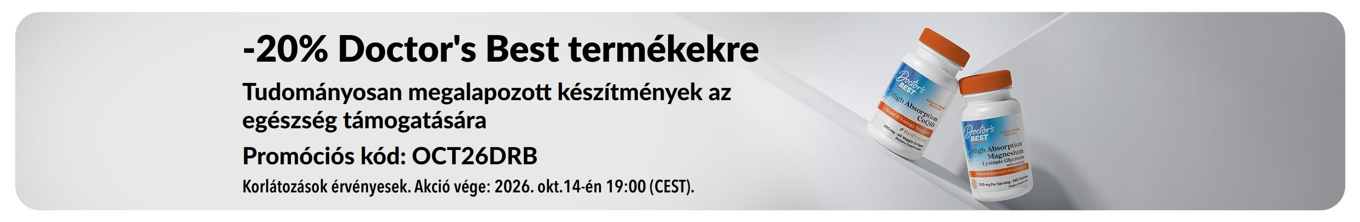 20% kedvezmény Doctor's Best termékekre az OCT26DRB kóddal. A banner Q10 koenzim és magnézium készítményeket ábrázol.