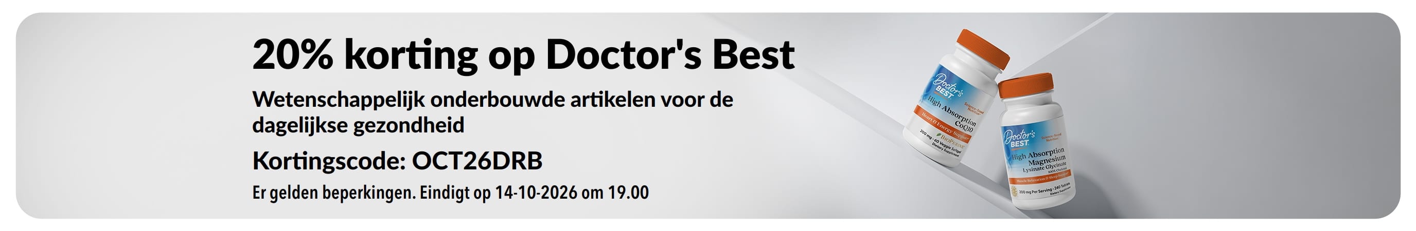 Ontvang 20% ​​korting op Doctor's Best-producten met kortingscode OCT26DRB, waaronder CoQ10 en magnesium.