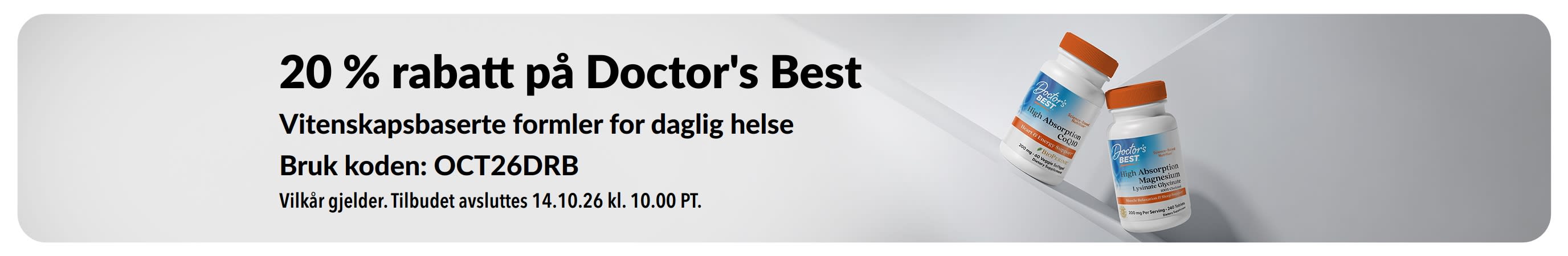 Få 20 % rabatt på produkter fra Doctor's Best med rabattkoden OCT26DRB, inkludert CoQ10 og magnesium.