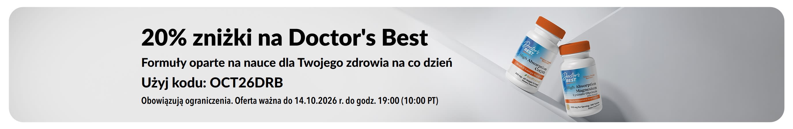 Zyskaj 20% rabatu na produkty Doctor's Best z kodem promocyjnym OCT26DRB, w tym na CoQ10 i magnez.
