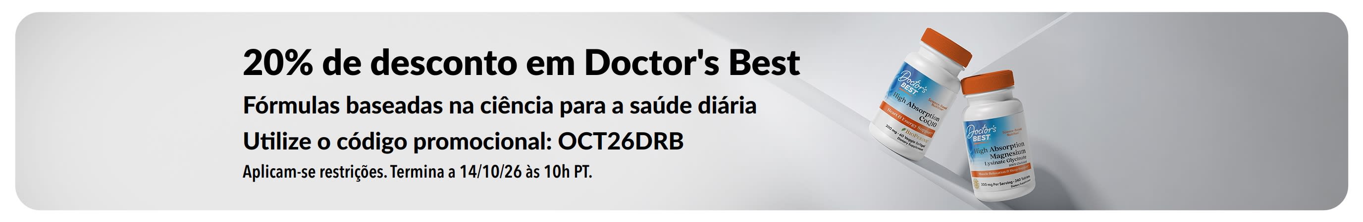 Receba 20% de desconto em produtos Doctor's Best com o código promocional OCT26DRB, promovendo o CoQ10 e magnésio