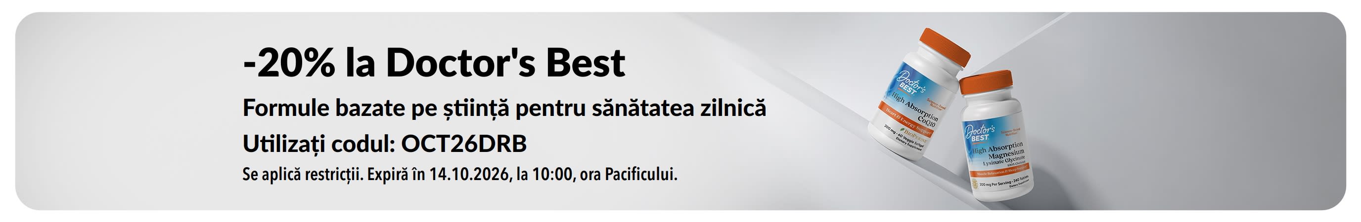20% reducere la produsele Doctor's Best cu codul promoțional OCT26DRB,cu CoQ10 și magneziu.