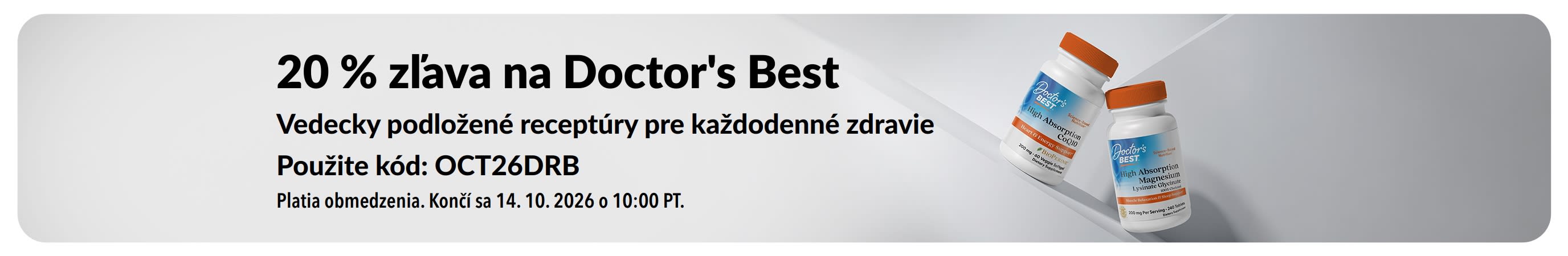 Získajte 20 % zľavu na produkty Doctor's Best s kódom OCT26DRB. Zobrazuje koenzým Q10 a horčík.