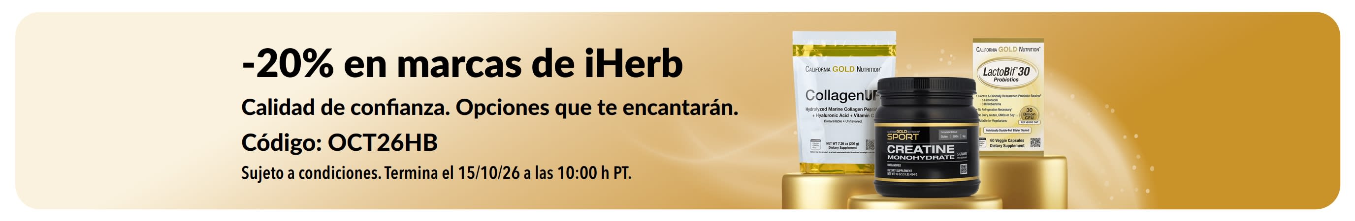 Consigue un -20% en marcas de iHerb con el código OCT26HB, con California Gold Nutrition CollagenUP, Creatina monohidratada, y LactoBif 30 Probióticos.