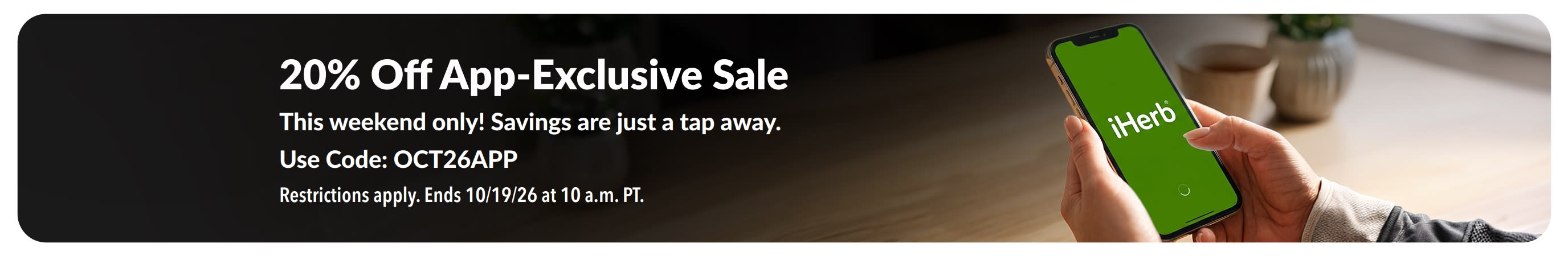 20% Off App-Exclusive Sale promo banner showing a smartphone with the iHerb logo. Text reads: 