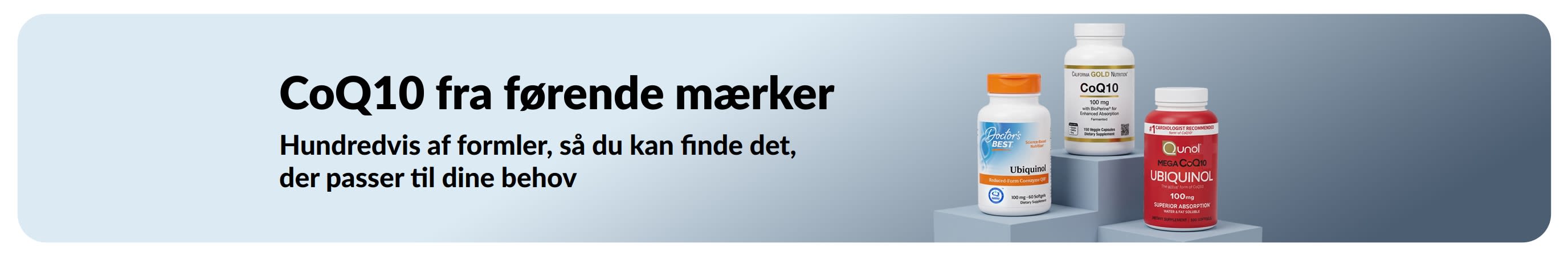 CoQ10-kosttilskud fra førende mærker, herunder Doctor’s Best, California Gold Nutrition og Qunol, med teksten 