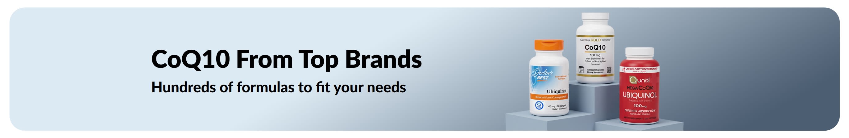 CoQ10 supplements from top brands featuring Doctor's Best, California Gold Nutrition, and Qunol bottles with text reading 