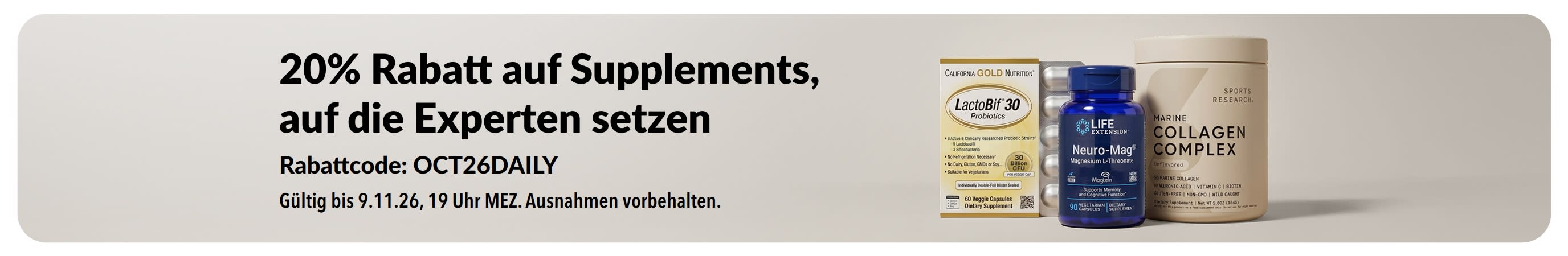 Hol dir 20 % Rabatt auf die Nahrungsergänzungsmittel, die Experten täglich einnehmen – mit dem Rabattcode OCT26DAILY.