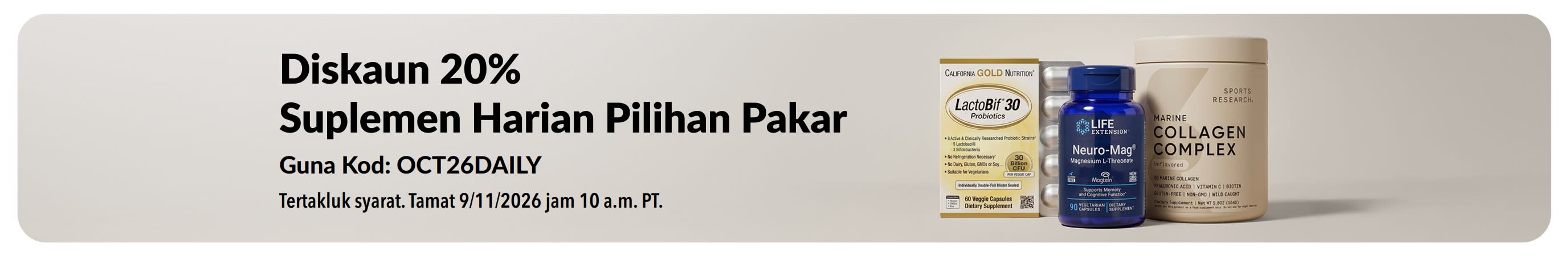 Beli diskaun 20% suplemen harian pilihan pakar dengan kod promo OCT26DAILY.