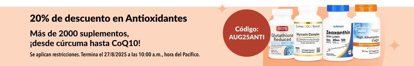 20% de descuento en antioxidantes. Incluye suplementos como CoQ10, glutatión y complejo de silimarina.