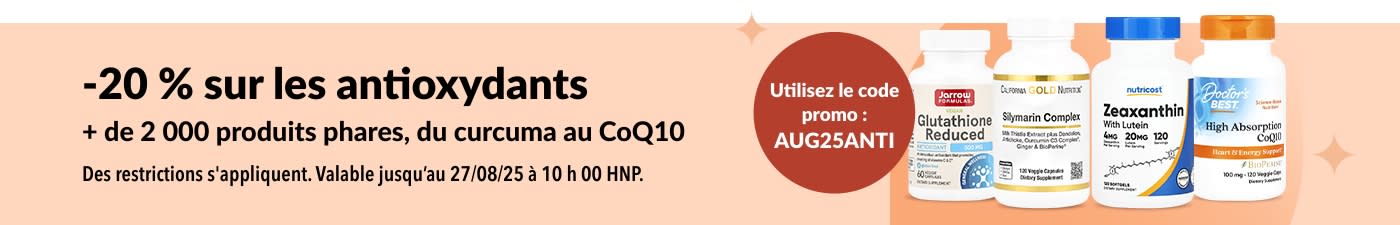Bannière promotionnelle offrant 20 % de réduction sur les antioxydants, présentant des flacons de compléments alimentaires tels que le CoQ10, le glutathion et le complexe silymarine.