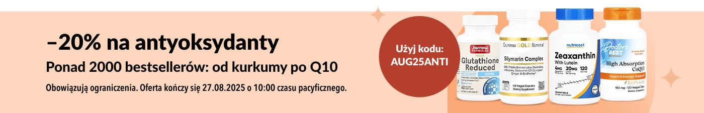 Baner promujący 20% zniżki na antyoksydanty z suplementami takimi jak koenzym Q10, glutation i kompleks sylimaryny.
