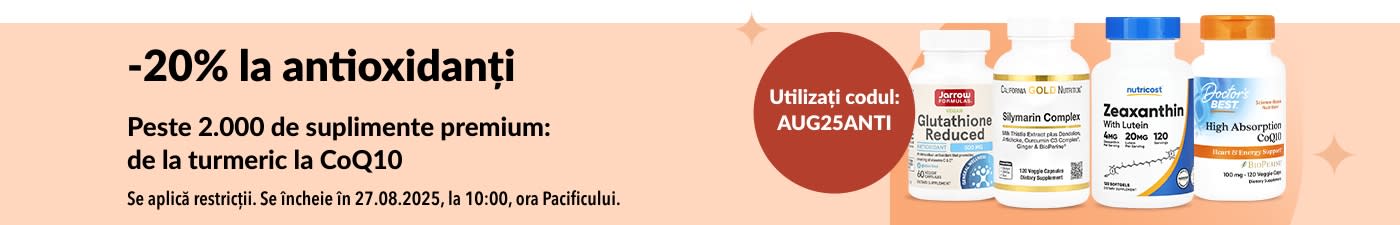 Banner care promovează 20% reducere la antioxidanți, cu suplimente precum CoQ10, glutation și complex de silimarină.