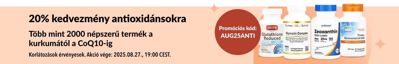20% kedvezményt hirdető banner antioxidánsokra, olyan kiegészítőket tartalmazó üvegcsékkel, mint a CoQ10, a glutation és a szilimarin komplex.