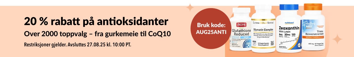 Banner som promoterer 20 % rabatt på antioksidanter, med kosttilskudd i flasker som CoQ10, glutation og silymarinkompleks.