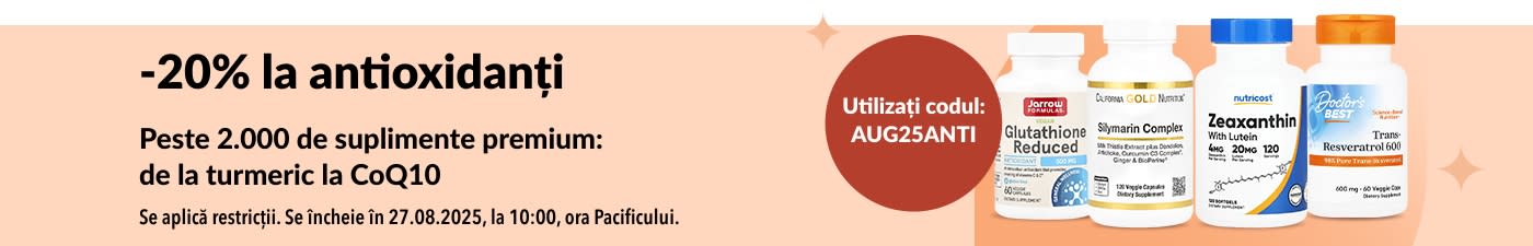 Banner care promovează 20% reducere la antioxidanți, cu suplimente precum CoQ10, glutation și complex de silimarină.