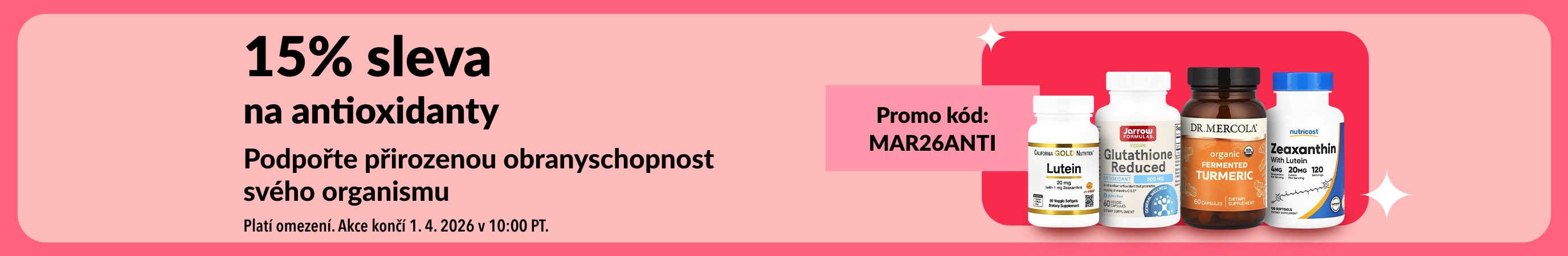 15% sleva na doplňky stravy s antioxidanty s kódem MAR26ANTI, zahrnující produkty pro zdraví na pravé straně banneru.