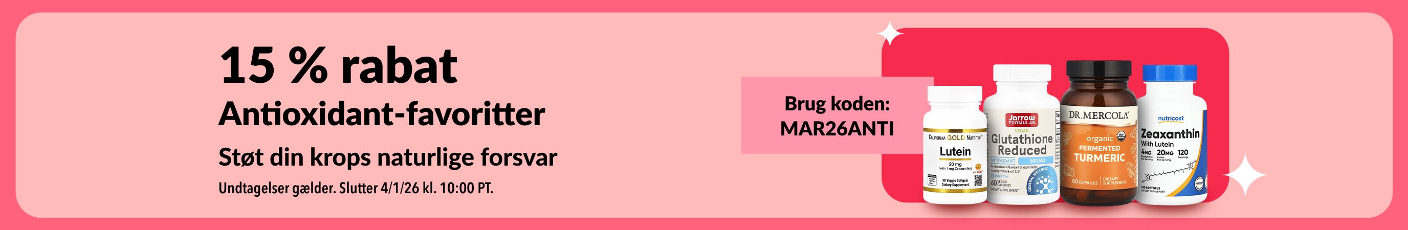 15 % rabat på kosttilskud med antioxidanter med koden MAR26ANTI, inklusive helseprodukter.