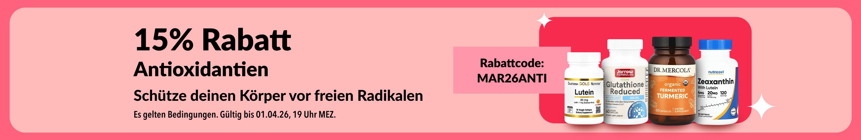 15% Rabatt auf antioxidative Nahrungsergänzungsmittel mit dem Code MAR26ANTI.