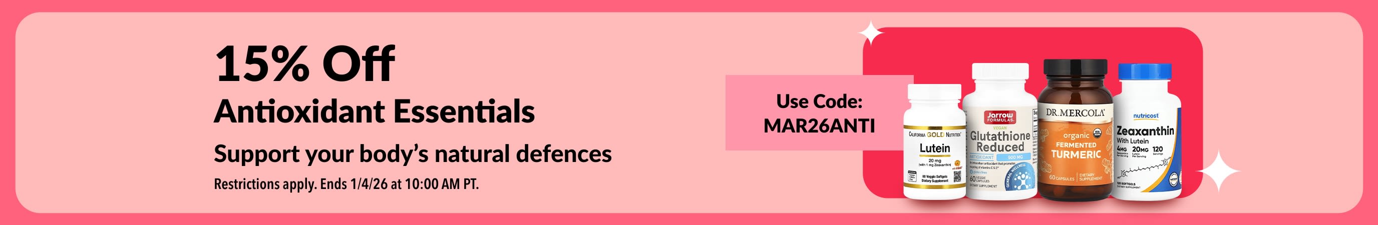 15% off antioxidant supplements with code MAR26ANTI, featuring wellness products.
