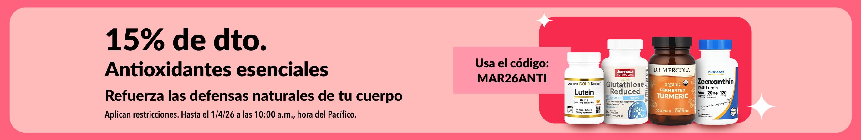 15% de descuento en antioxidantes con el código MAR26ANTI, mostrando productos de bienestar.