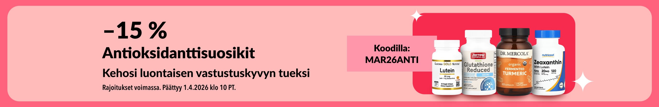 –15 % antioksidanttilisistä koodilla MAR26ANTI, kuvassa hyvinvointituotteita.